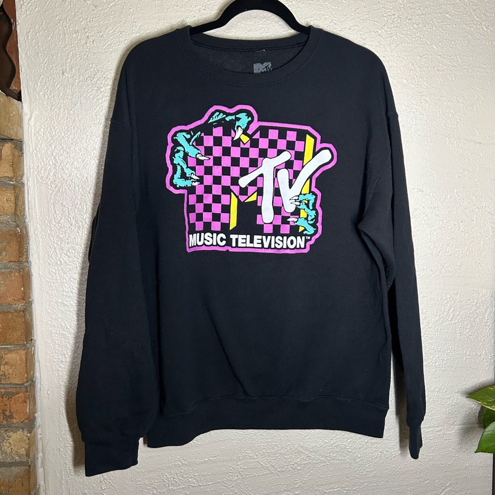 MTV Black Crewneck Sweater with Pink & Teal Graphic